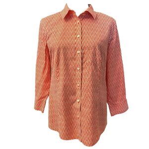 Talbots Coral and‎ White Geometric Print Fitted Button Down Top Size 12